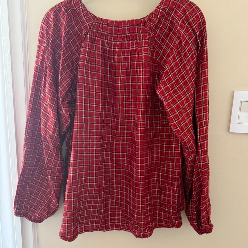 LOFT Red Black White Long Sleeve Plaid Blouse Womens Small Office Holiday Winter - Picture 2 of 4